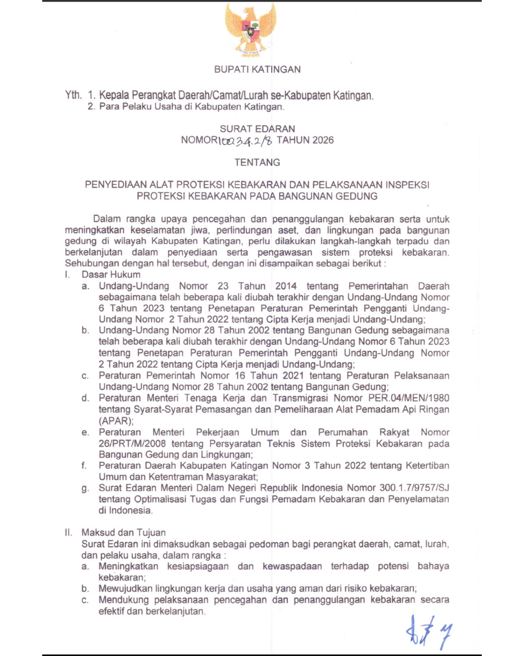 Bupati Katingan Terbitkan Surat Edaran Kewajiban Penyediaan APAR di Perkantoran dan Tempat Usaha